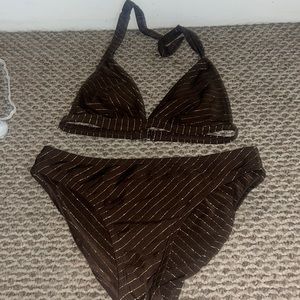 brown bikini set with cold stripes. bikini top is S and bottoms are M